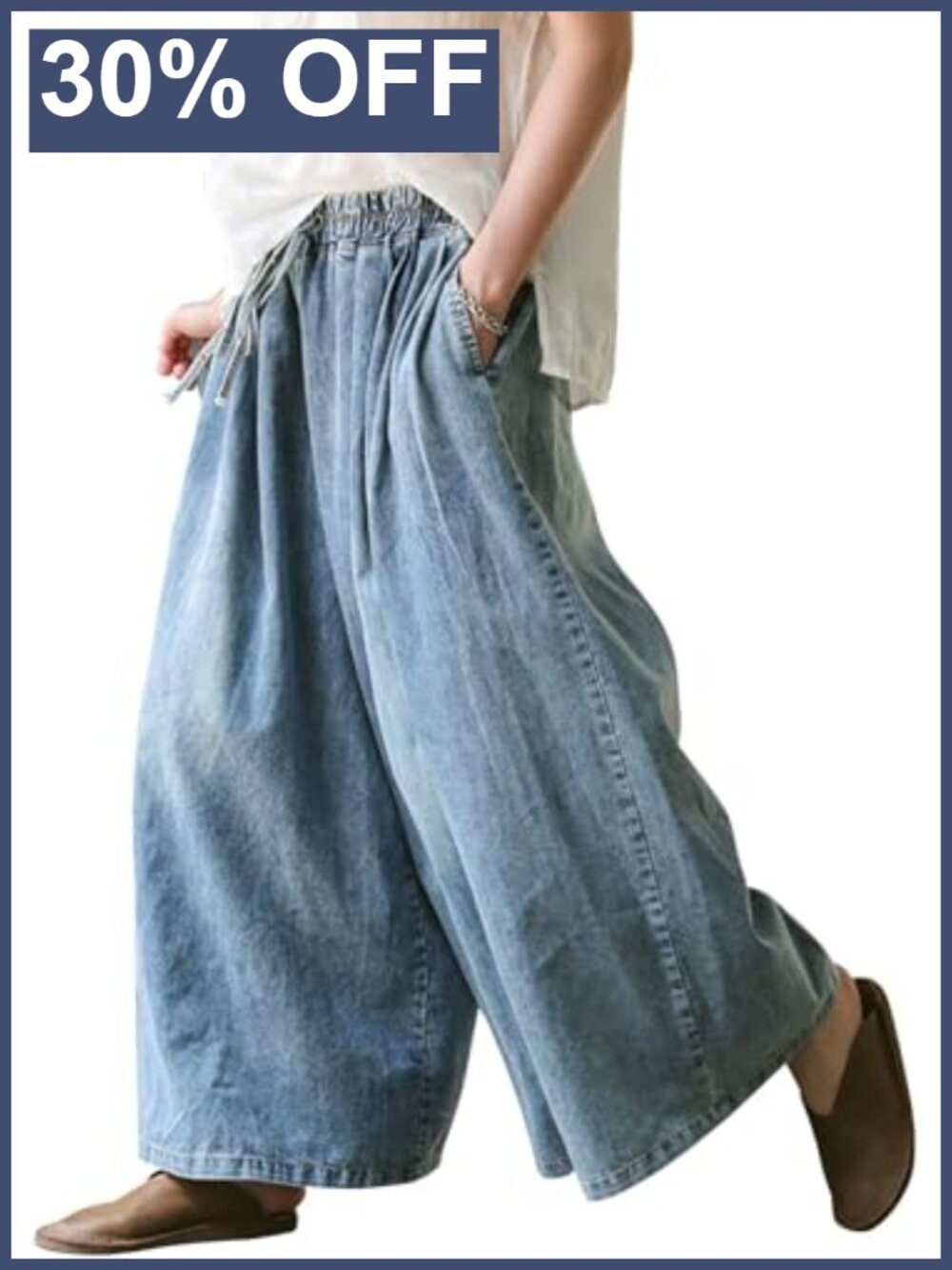 Wide Leg Baggy Jeans Plus Size High Rise Elastic Waist Denim Pants Deep Pockets